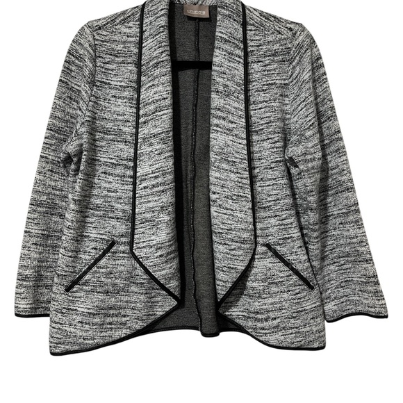 Chico's Open Front Jacket Black & White Print w/ Faux Leather Look Trim Size 1 - Picture 7 of 7